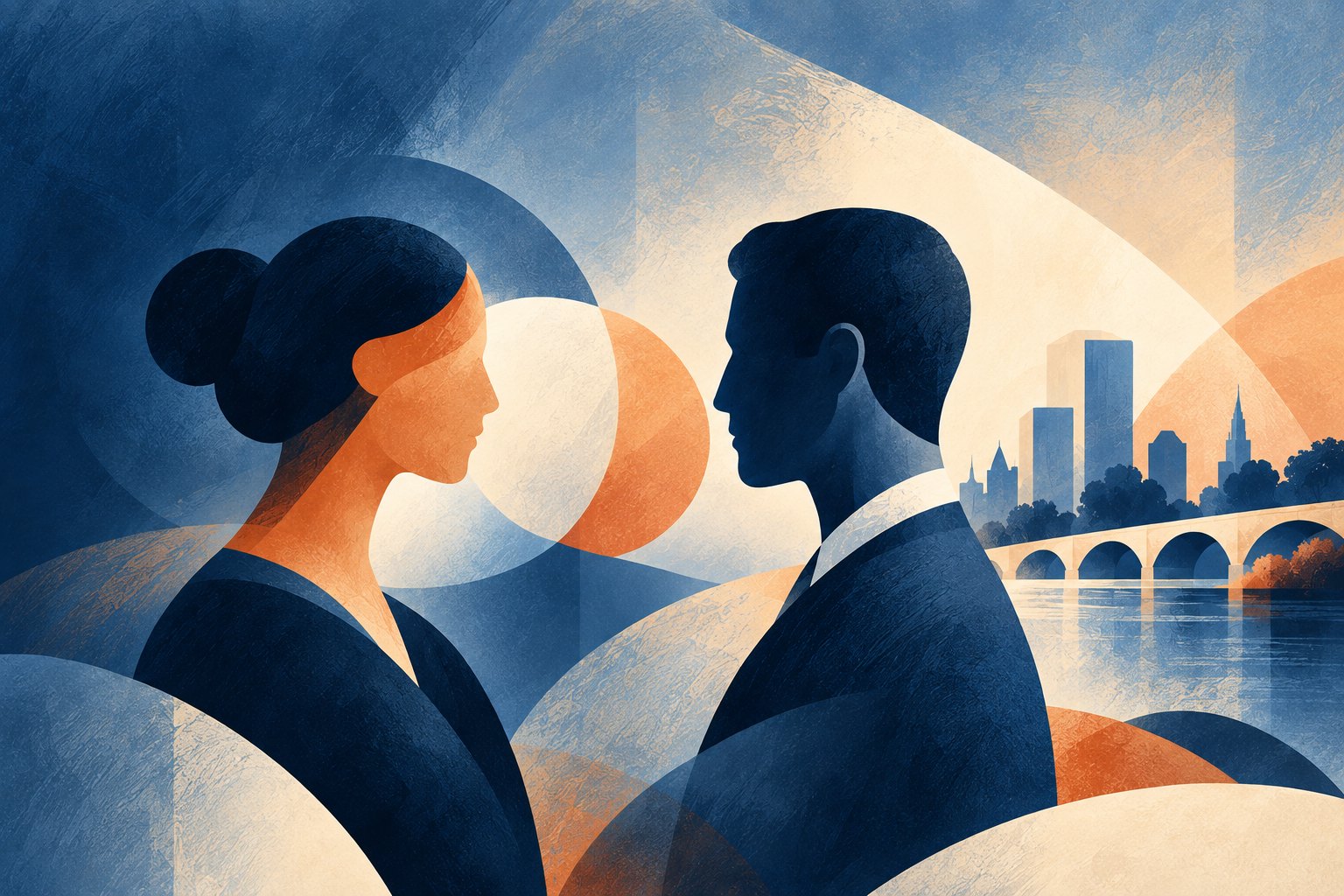 Two professionals in conversation, Richmond skyline beyond